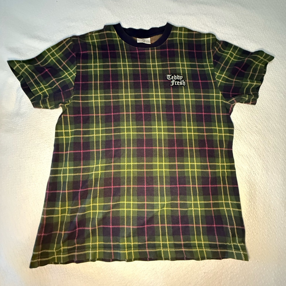 Teddy Fresh Green Black Plaid with Patchwork Short Sleeve Tee Size M